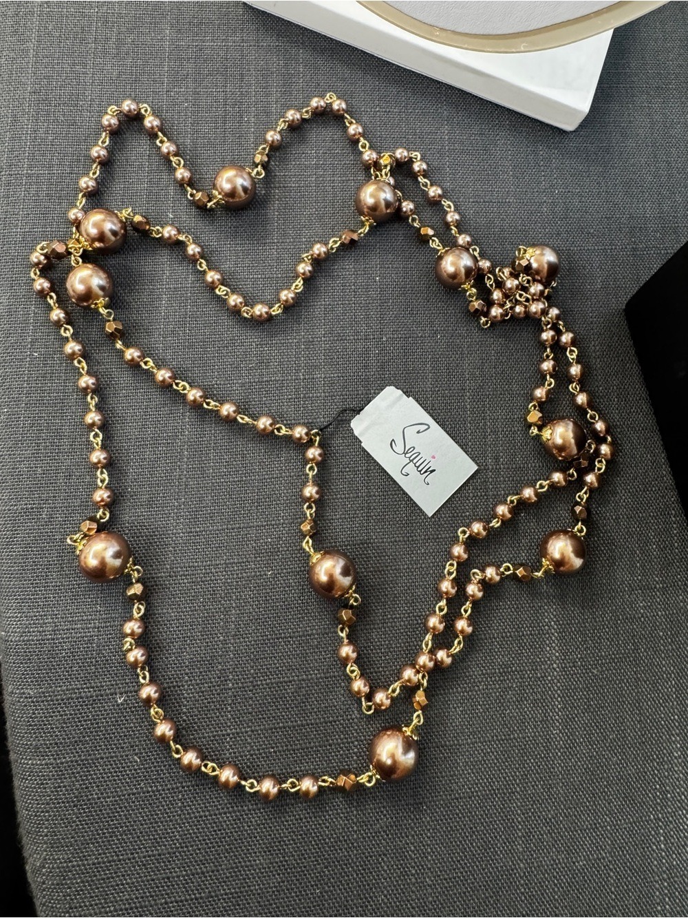 Metallic Bronze Pearl Long Layered Necklace